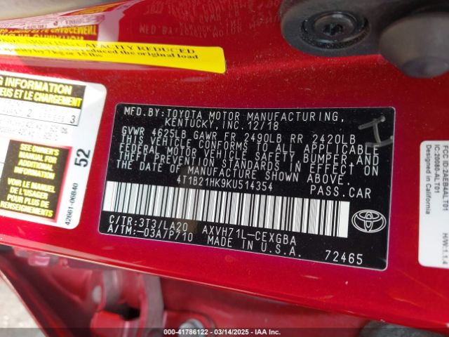 4T1B21HK9KU514354 Toyota Camry Hybrid Xle
