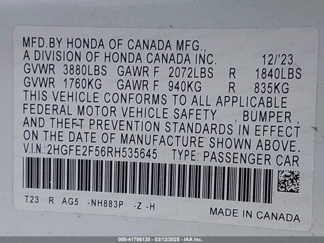 2HGFE2F56RH535645 Honda Civic Sport