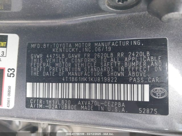 2019 TOYOTA CAMRY 4T1B61HK1KU819822 Photo 8