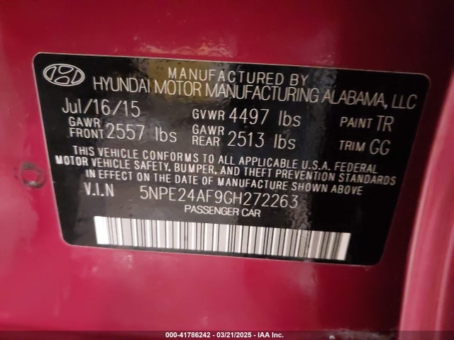 5NPE24AF9GH272263 Hyundai SONATA SE