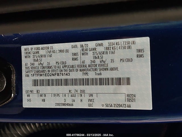 Ford F-150 Lariat 2022 1FTFW1ED2NFB76143 Image 9