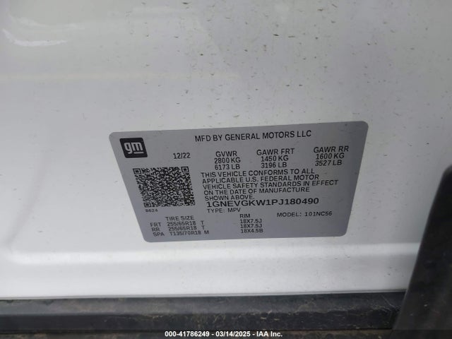 1GNEVGKW1PJ180490 Chevrolet Traverse Awd Lt Cloth
