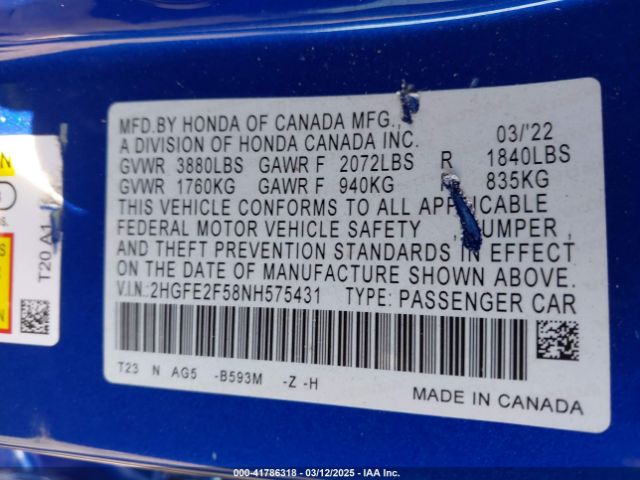 2HGFE2F58NH575431 Honda Civic Sport