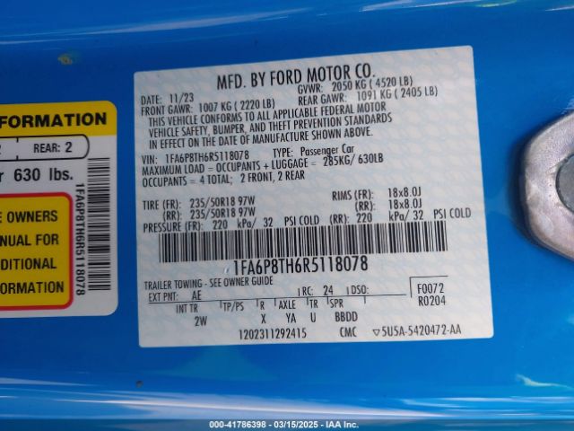 1FA6P8TH6R5118078 Ford Mustang Ecoboost Fastback