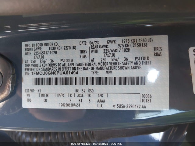 1FMCU0GN0PUA61494 Ford Escape Active