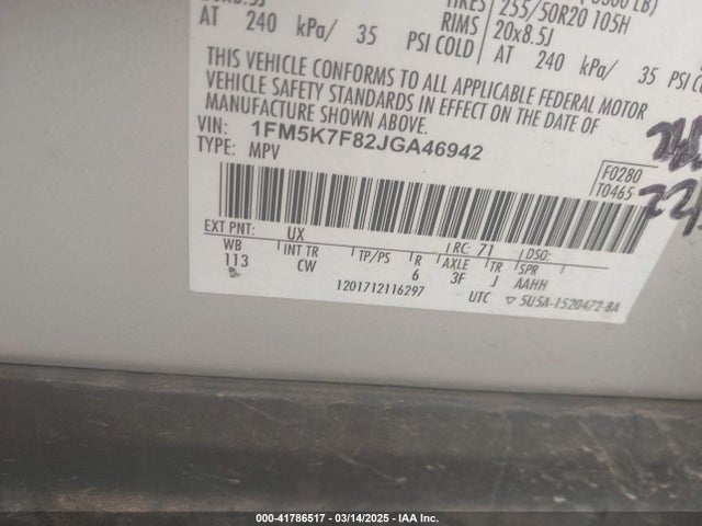 1FM5K7F82JGA46942 Ford Explorer Limited