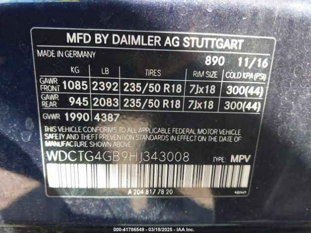 WDCTG4GB9HJ343008 Mercedes-Benz Gla 250 4matic