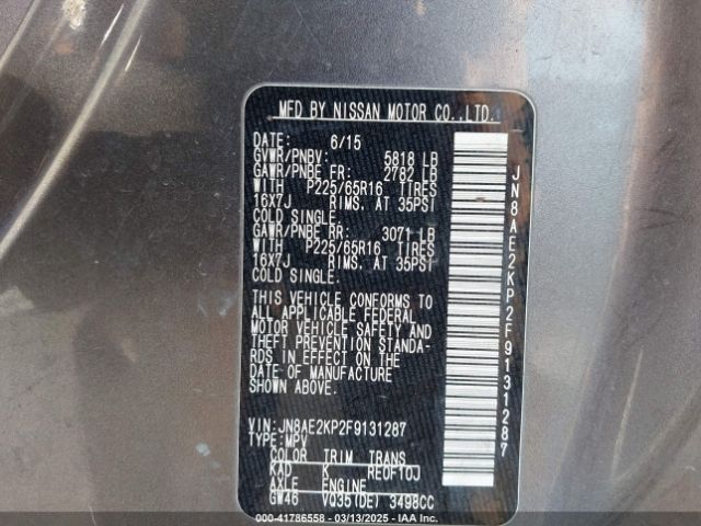 JN8AE2KP2F9131287 Nissan Quest Platinum/s/sl/sv