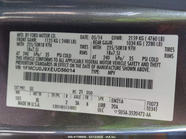 1FMCU0J9XEUD56014 Ford Escape Titanium
