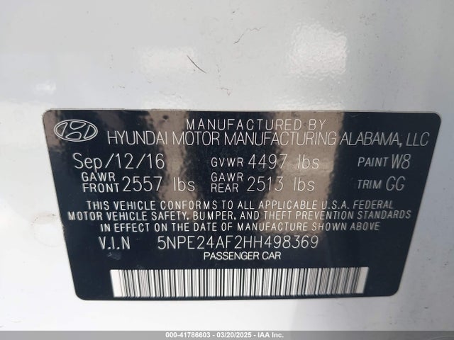 5NPE24AF2HH498369 Hyundai SONATA SE