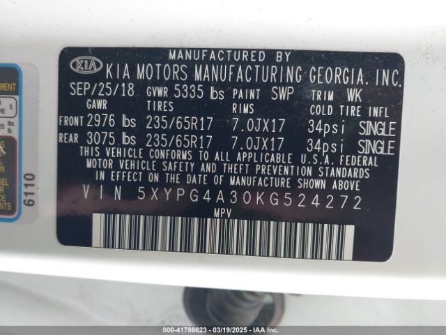 5XYPG4A30KG524272 KIA Sorento 2.4l Lx