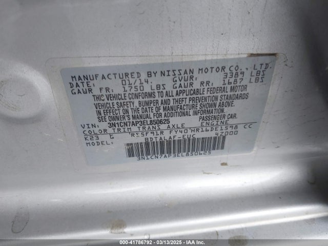 3N1CN7AP3EL850625 Nissan Versa 1.6 S
