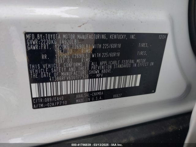 4T3B6RFV6SU177939 Toyota Rav4 Hybrid Xle Premium
