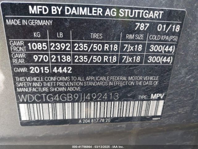 WDCTG4GB9JJ492413 Mercedes-Benz Gla 250 4matic