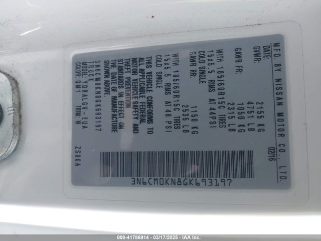 3N6CM0KN8GK693197 Nissan NV200 SV