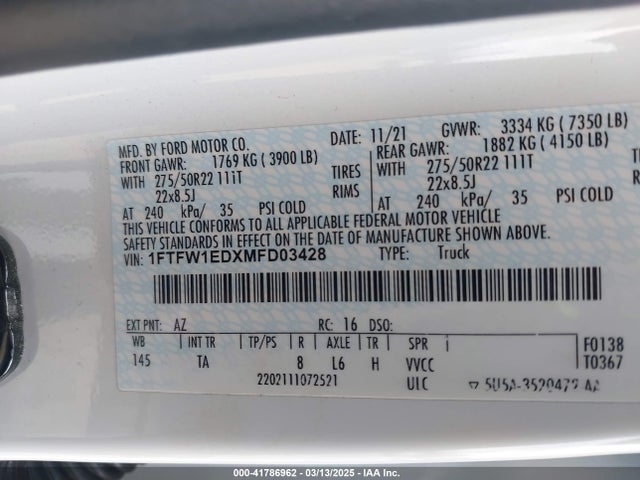 1FTFW1EDXMFD03428 Ford F-150 Limited
