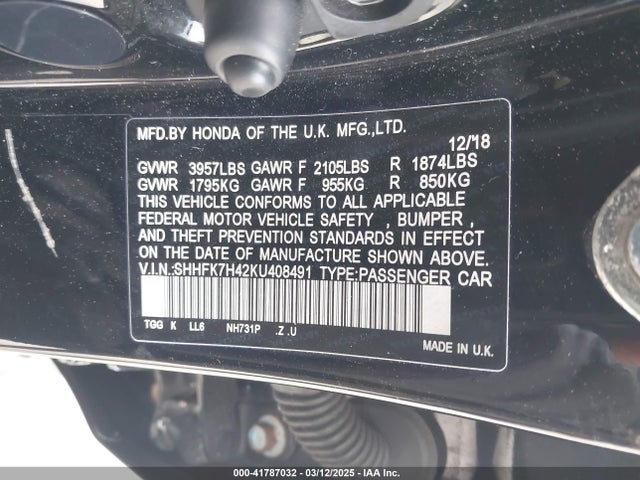 SHHFK7H42KU408491 Honda Civic Sport