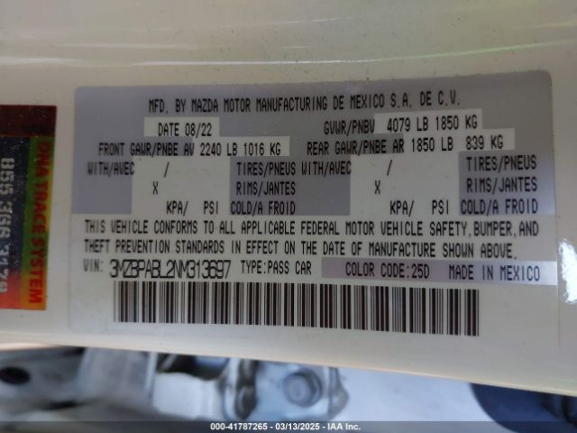 3MZBPABL2NM313697 Mazda Mazda3 Select