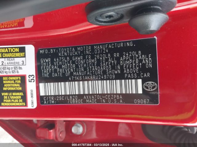 4T1K61AK8RU249709 Toyota CAMRY XSE