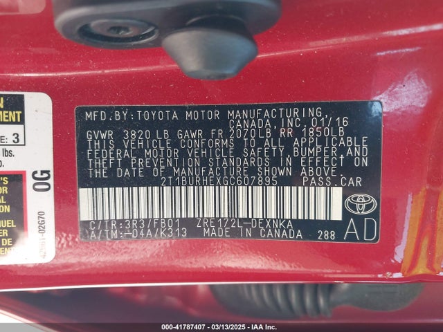 2T1BURHEXGC607895 Toyota COROLLA LE