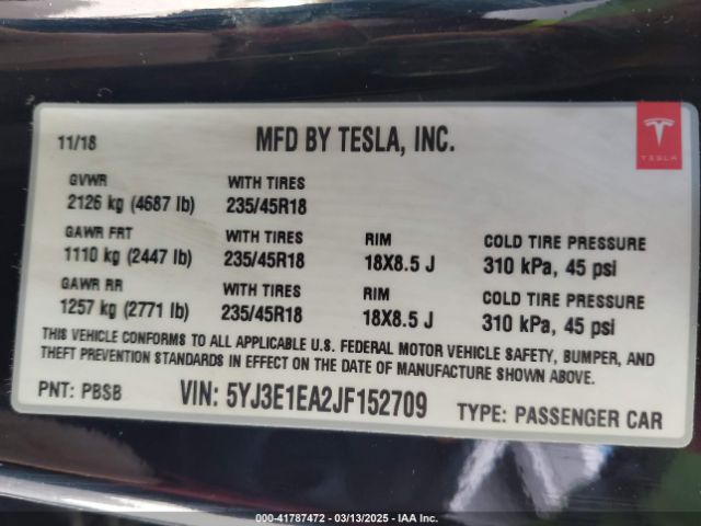 5YJ3E1EA2JF152709 Tesla MODEL 3