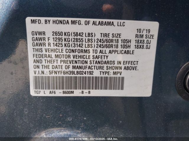 5FNYF6H39LB024192 Honda Pilot Awd Ex