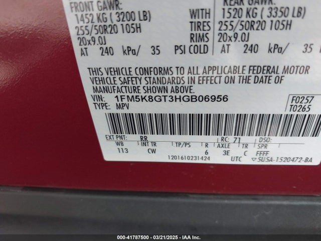 1FM5K8GT3HGB06956 Ford EXPLORER SPORT