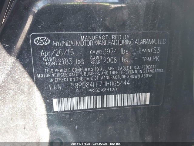 5NPD84LF7HH065444 Hyundai ELANTRA SE