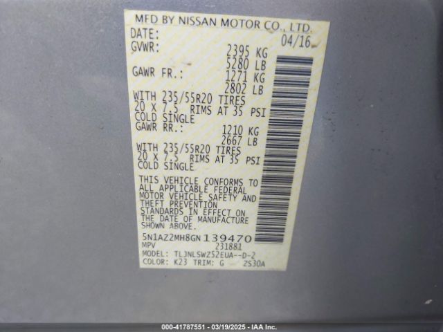 5N1AZ2MH8GN139470 Nissan Murano Platinum