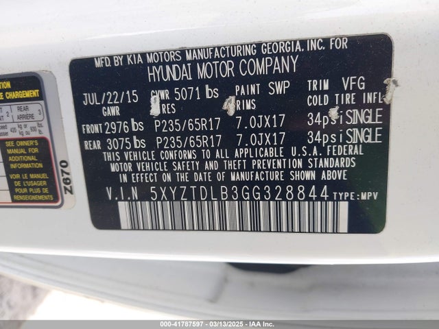 5XYZTDLB3GG328844 Hyundai gdi theta ii