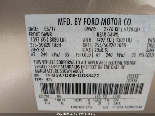 2017 FORD EXPLORER 1FM5K7D89HGD85422 Photo 8