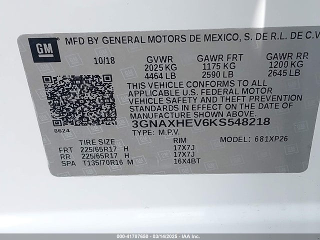 3GNAXHEV6KS548218 Chevrolet lyx - direct injection, vvt, fgt, turbo, alum, gen1
