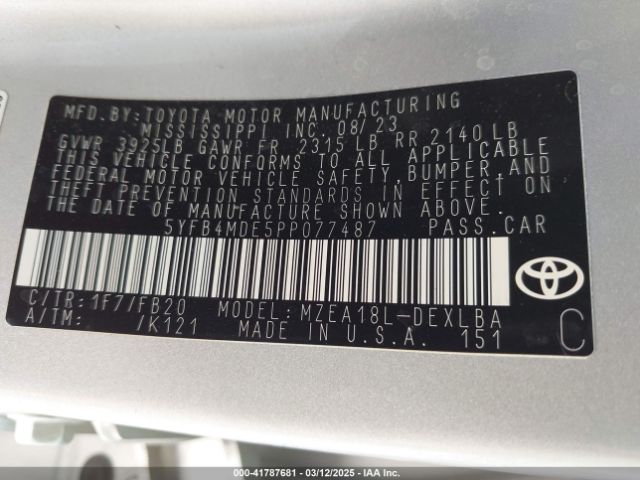 5YFB4MDE5PP077487 Toyota COROLLA LE