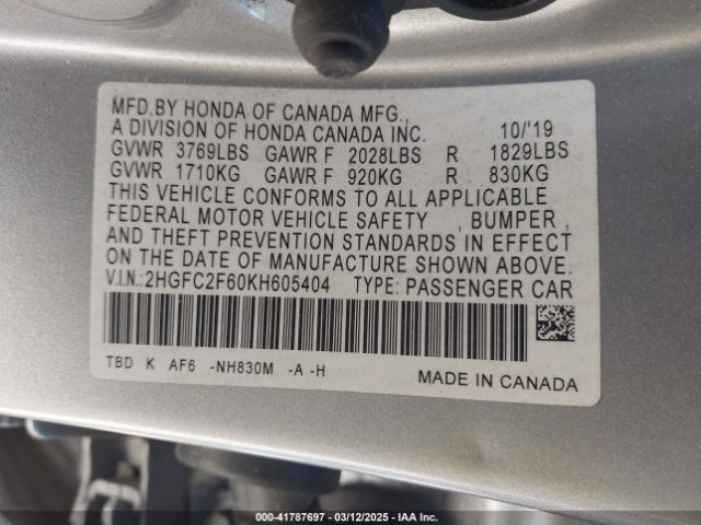 2HGFC2F60KH605404 Honda Civic Lx