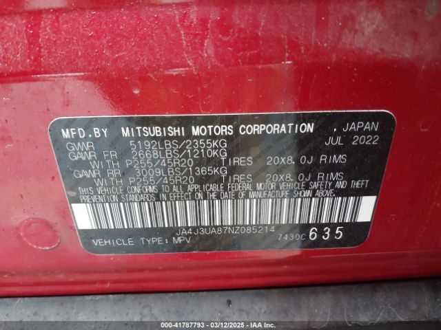 JA4J3UA87NZ085214 Mitsubishi Outlander Black Edition 2wd/se 2.5 2wd/se Launch Edition 2wd