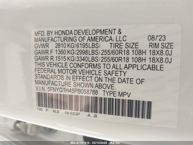 5FNYG1H45PB058788 Honda Pilot Awd Ex-l 8 Passenger