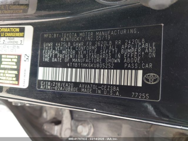4T1B11HK6KU805252 Toyota CAMRY SE