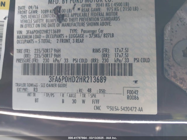 Ford FUSION SE 2017 3FA6P0HD2HR213689 Image 9