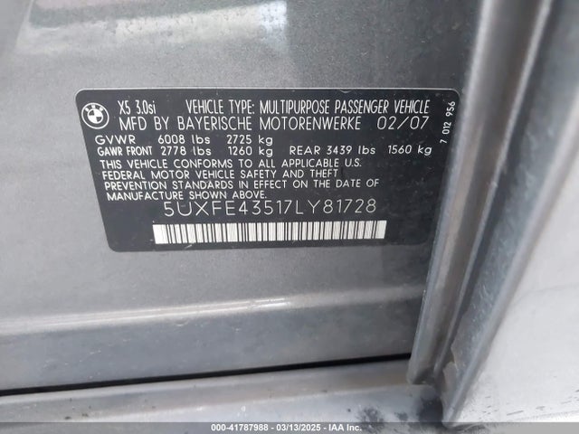 Aukcja sprzedaży 2007 Bmw X5 3.0i, vin: 5UXFE43517LY81728, numer aukcji: 41787988