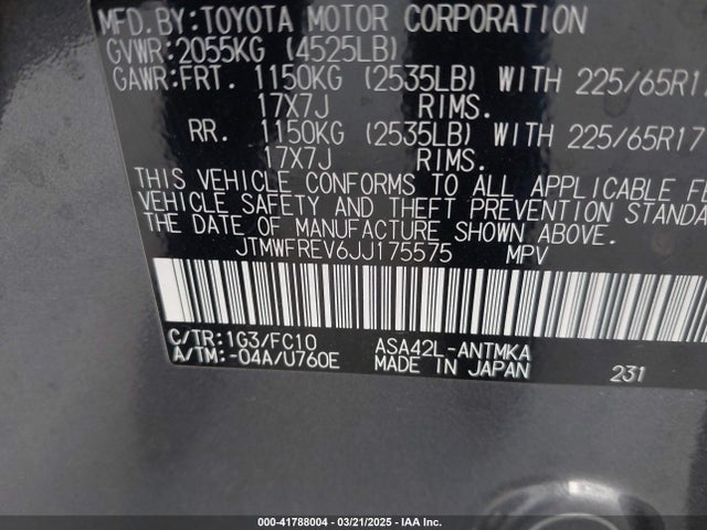 JTMWFREV6JJ175575 Toyota Rav4 Xle
