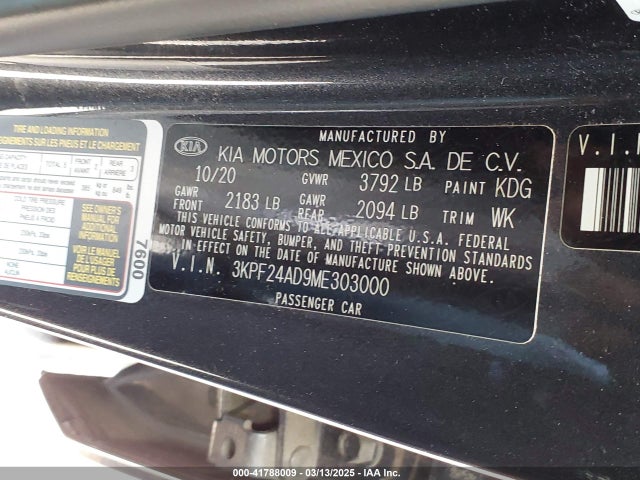 3KPF24AD9ME303000 KIA FORTE FE