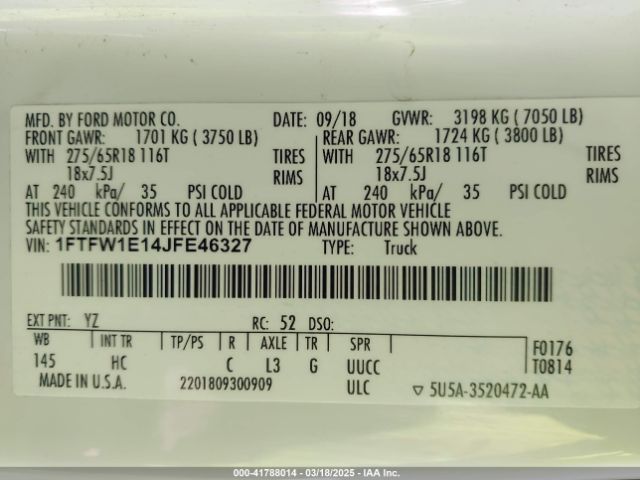 1FTFW1E14JFE46327 Ford F-150 Lariat