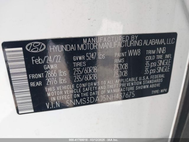 5NMS3DAJ5NH437675 Hyundai Santa Fe Sel