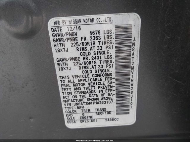 JN8AT2MV1HW263107 Nissan Rogue Sl