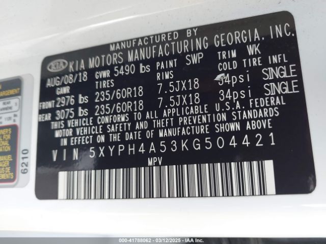 5XYPH4A53KG504421 KIA Sorento 3.3l Ex