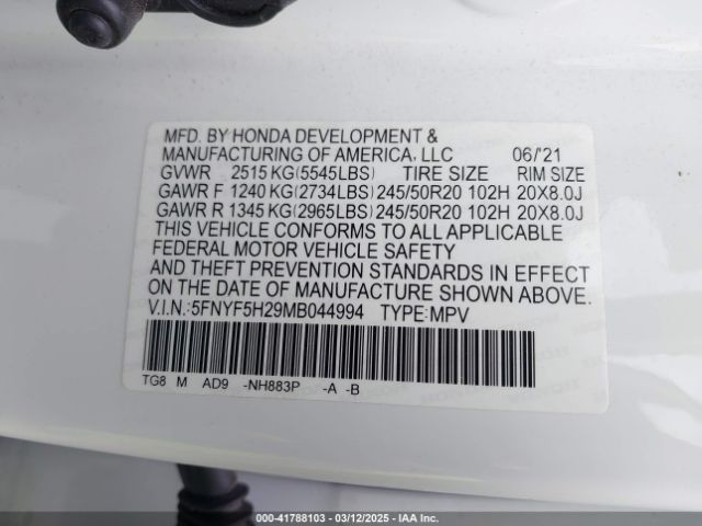 5FNYF5H29MB044994 Honda Pilot 2wd Special Edition