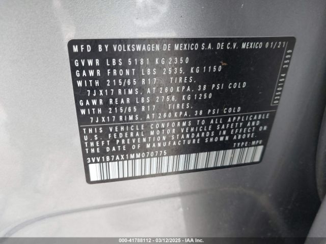 3VV1B7AX1MM070775 Volkswagen Tiguan 2.0t S