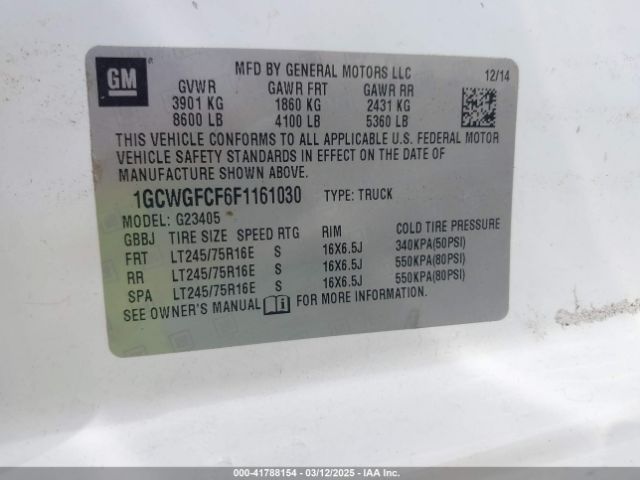 1GCWGFCF6F1161030 Chevrolet Express 2500 Work Van
