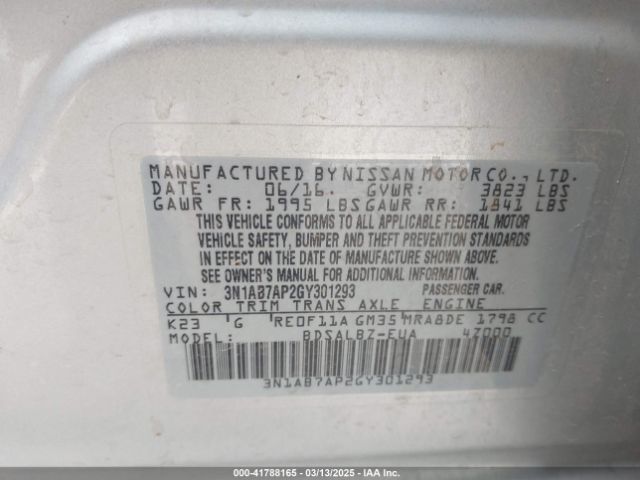 3N1AB7AP2GY301293 Nissan SENTRA S