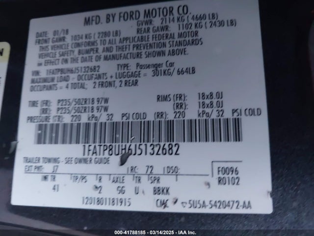 1FATP8UH6J5132682 Ford Mustang Ecoboost Premium